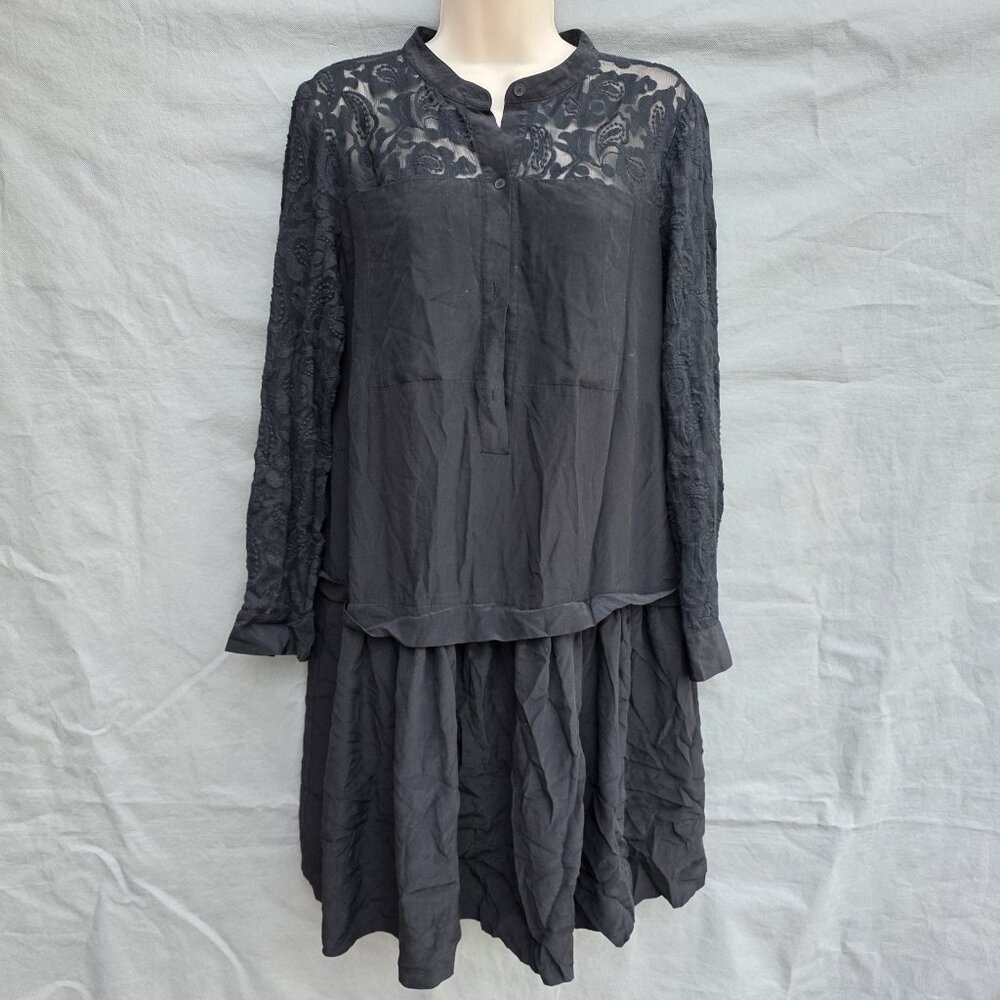 J. Crew 100% Silk Black Dress Lace Yoke Sleeves Size 10 -MISSING BUTTONS-
